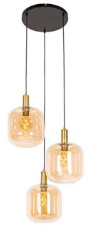 Design hanglamp zwart met messing en amber glas 3-lichts - Oranje