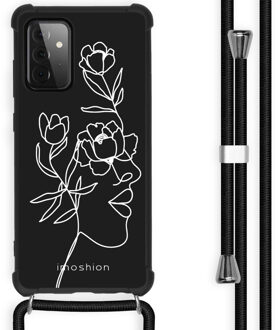 Design hoesje met koord Samsung Galaxy A72 - Abstract Gezicht Bloem - Zwart