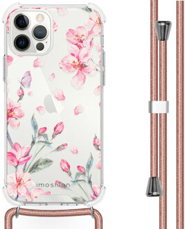 Design hoesje met koord voor de iPhone 12, iPhone 12 Pro - Bloem - roze