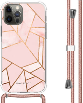 Design hoesje met koord voor de iPhone 12, iPhone 12 Pro - Grafisch Koper - roze / goud