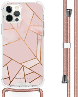 Design hoesje met koord voor de iPhone 12 Pro Max - Grafisch Koper - Roze / Goud