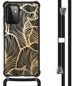 Design hoesje met koord voor Samsung Galaxy A72 - Bladeren - Goud / Zwart