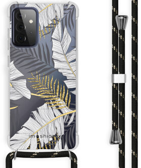 Design hoesje met koord voor Samsung Galaxy A72 - Bladeren - Zwart / Goud