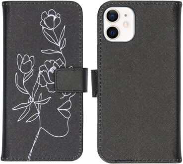 Design Softcase Book Case iPhone 12 Mini hoesje - Woman Flower Black