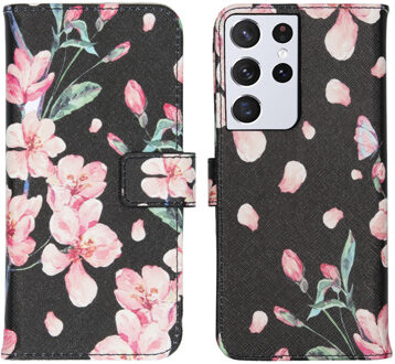 Design Softcase Book Case Samsung Galaxy S21 Ultra hoesje - Blossom Watercolor Black