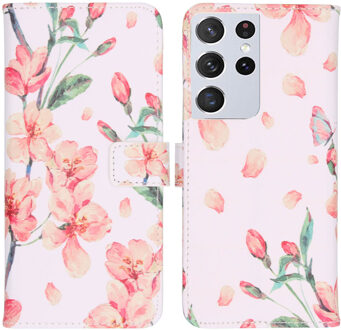 Design Softcase Book Case Samsung Galaxy S21 Ultra hoesje - Blossom Watercolor White