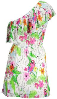 Desigual Floral Papegaai Mini Jurk Relaxed Fit Wit - XL