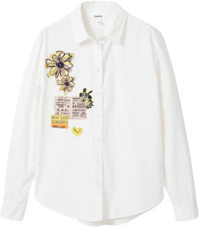 Desigual Witte Katoenen Shirt Lange Mouwen Print Desigual , White , Dames - 2XL