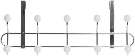 Deurhanger kapstok zilver met 10 witte haken/knoppen 44 cm - Kapstokken Zilverkleurig