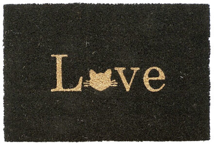 Deurmat/droogloopmat kokosvezel zwart love kat 60 x 40 cm