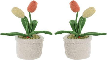 Deurstopper tulpen in pot - 2x - multi - polyester - 14 x 14 x 30 cm