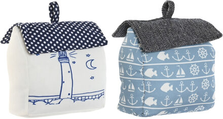 Deurstoppers maritiem huis - wit/blauw - polyester - 15 x 8 x 17 cm