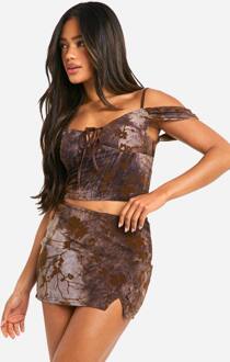 Devore Bloemenprint Gespleten Mini Rok, Mocha - 42