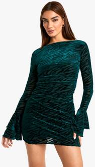 Devore Jurk Met Wijd Uitlopende Mouwen En Open Rug, Green - 42