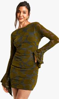 Devore Mini Jurk Met Uitlopende Mouwen En Rugstrik, Khaki - 36