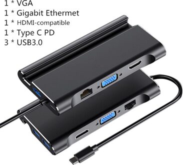 Dex Station Type C Hdmi-Compatibel Adapter Usb 3.0 Vga RJ45 Usb Hub Voor Laptop Macbook Asus Samsung Dock station 7 in 1 zwart