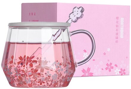 Diamond Cherry Patroon Glas Cup Roze Schattige Vrouwelijke Roeren Stick Cover Handvat Koffie Cup Ins wit