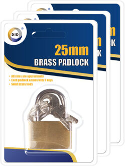 Did 3x Stuks Hangslot met 3 sleutels - 2,5 cm - messing