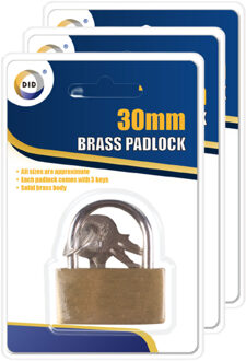 Did 3x Stuks Hangslot met 3 sleutels - messing - 3 cm