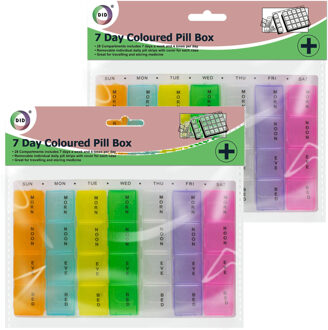 Did Pillendoosje - 2x stuks - 28-vaks - medicijnendoos - gekleurde vakjes - 17 x 11 cm