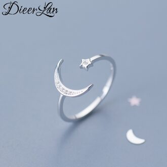 DIEERLAN 100% Echte Pure 925 Sterling Zilveren Crystal Moon Star Grote Ringen voor Vrouwen Dames Statement Sieraden Bruiloft Vinger Ring