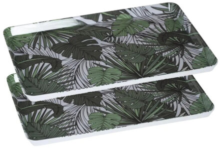 Dienblad - 2x stuks - jungle print - 45 x 30 cm - kunststof - wit / groen