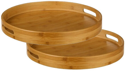 Dienblad - 2x stuks - serveerblad - bamboe - bruin - met handvaten - D40 cm