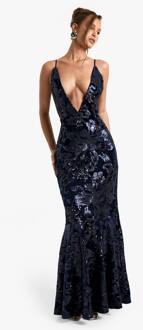 Diepe V-Hals Met Bandjes Demask Pailletten Maxi-Jurk, Navy - 46