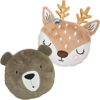 Dieren sierkussens kinderkamer - bruine beer en hertje - 30/31 cm - polyester