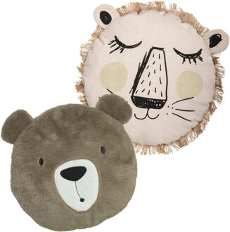 Dieren sierkussens kinderkamer - bruine beer en leeuw - 30/38 cm - polyester