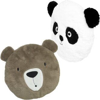 Dieren sierkussens kinderkamer - bruine beer en pandabeer - 30/28 cm - polyester