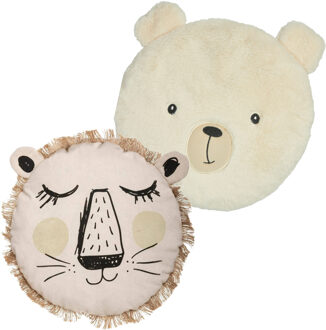 Dieren sierkussens kinderkamer - ijsbeer en leeuw - 30/27 cm - polyester