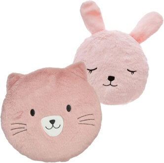 Dieren sierkussens kinderkamer - kat/poes en konijn - roze - 30/27 cm - polyester