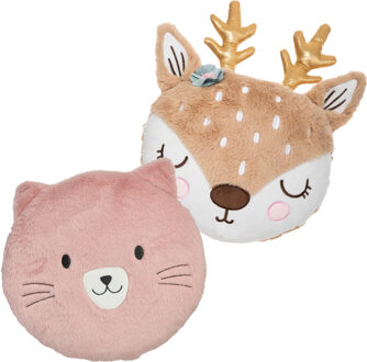 Dieren sierkussens kinderkamer - kat/poes/hertje - roze/bruin - 30/31 cm - polyester