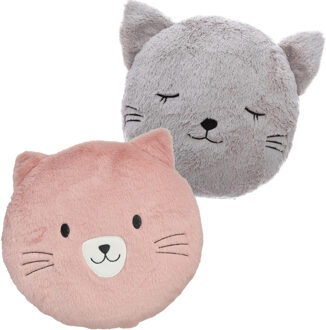Dieren sierkussens kinderkamer - kat/poes - roze/grijs - 30/27 cm - polyester