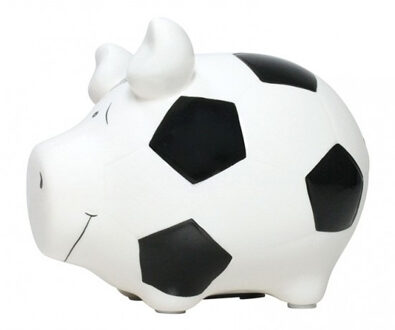 Dieren spaarpot wit varken/big voetbal thema 12 cm - Spaarpotten