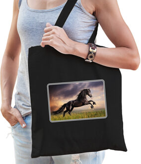 Dieren tasje met paarden foto - zwart - voor volwassenen - natuur / paard cadeau tas