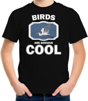 Dieren vogels t-shirt zwart kinderen - birds are serious cool shirt  jongens/ meisjes - cadeau shirt grote zilverreiger/ vogels liefhebber M (134-140)