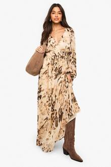 Dierendrukt Chiffon Maxi-Jurk Met Volume Mouwen En Geruichte Taille, Brown - 36