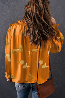 Dierlijke Print Lange Mouwen Blouse Bruin