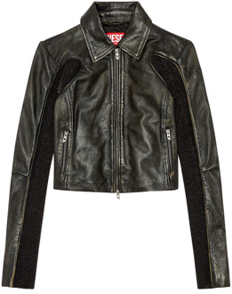 Diesel Cropped leather jacket with knit panels Diesel , Black , Dames - 2Xl,Xl,L,M,S,3Xl