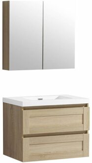 Differnz Badkamermeubel Set Differnz Reno Hangend 55x75x50cm MDF Eiken Softclose Polybeton Wastafel 1 Kraangat Overloop met Spiegelkast