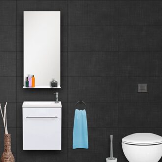 Differnz Badkamermeubel Set Differnz Tight Hangend 40cm MDF Wit Softclose Polybeton Wastafel 1 Kraangat met Spiegel en Planchet