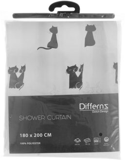 Differnz Douchegordijn Cats – 180 x 200 cm – Verzwaard – 100% Polyester - Wit/Zwart