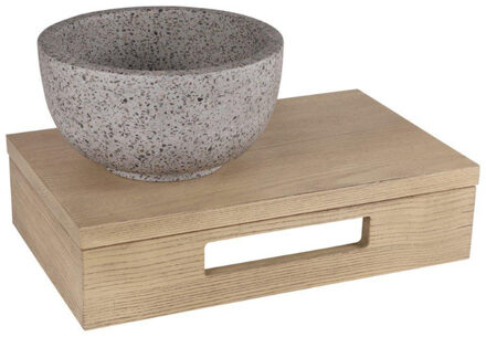 Differnz fonteinset - 40x21x10cm - Rechthoek - 0 kraangaten - grijs/grof terazzo waskom - Hout licht eiken SW642466 / SW794604