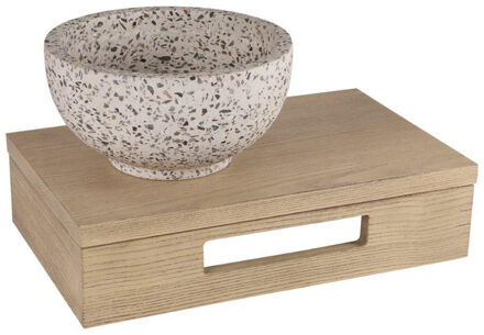 Differnz fonteinset - 40x25x10cm - Rechthoek - 0 kraangaten - zwart/wit terazzo waskom - Hout licht eiken SW642466 / SW794594