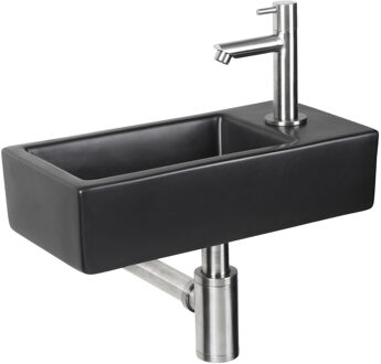 Differnz Fonteinset Differnz Hator 37.5x18.5x9 cm Keramiek Mat Zwart Met Recht Kraan Chroom Differnz