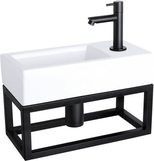 Differnz Fonteinset Differnz Helios Met Handoekrek 37.5x18.5x9.5 cm Keramiek Wit Met Rechte Kraan Rechts Mat Zwart Differnz