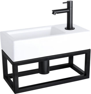 Differnz Fonteinset Differnz Helios Met Handoekrek 37.5x18.5x9.5 cm Keramiek Wit Met Rechte Kraan Rechts Mat Zwart