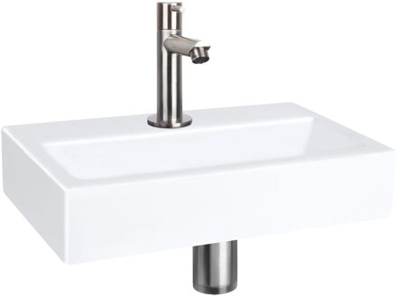 Differnz Fonteinset Flat Keramiek Rechte Kraan Mat Chroom Wit, Zilver